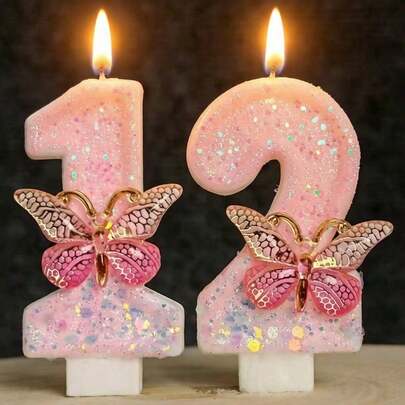 1支仪式数字生日蜡烛，蝴蝶生日蛋糕蜡烛，粉色闪光蛋糕装饰，适合女孩和女性周年纪念庆祝活动