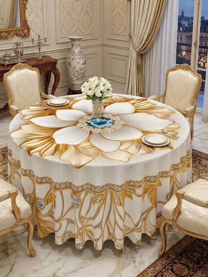 1pc Elegant Golden Lotus Print Tablecloth, Durable Polyester Tablecloth, Stain-Resistant, Waterproof, Washable, Wrinkle-Free Reliable Table Cover, Suitable For Various Occasions, Thanksgiving Dinner, Brunch, Luxury Home Decor, Essential Dining Table & Kitchen Decor, Home Decor, Wedding, Dining Table Center Piece, Room Decor, Vintage Decor, Mother's Day Gift
