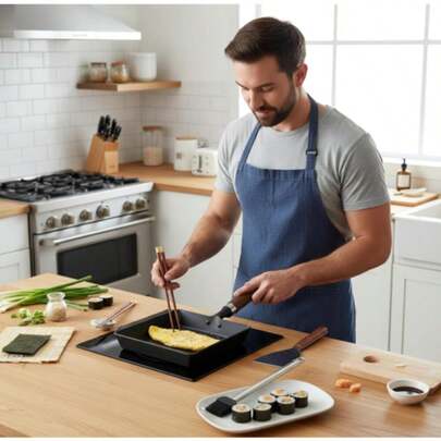 Japanese Cast Iron Tamagoyaki Pan - Pre-Treated, Liquid Nitrogen Processed, Anti-Rust, Ready To Use, Detachable Wooden Handle, Oven-, Suitable For Frying Eggs, Steak And Camping, Non-Stick Without Chemical Coating