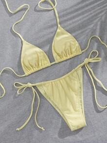 春夏女款性感純色掛脖比基尼海灘度假兩件式泳衣套裝，高彈力面料，黃色 - 黃色 - 查看 2
