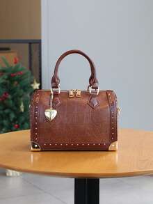 2025 New Fashionable High-End Women's Handbag, Large Capacity Boston Cushion Bag, Vintage Rivet Box Shoulder Bag, Versatile Personalized Street-Style Top Handle Satchel, Structured Box Bag - 彩色 - 查看 8