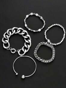 5pcs Vintage Exaggerated Minimalist Old Coin Design Layered Chunky Chain Beaded Bracelet Set, Suitable For Date, Party, Ball, Holiday, Daily Outfit, Party/Festival Gift For Women - 銀 6 - 查看 5