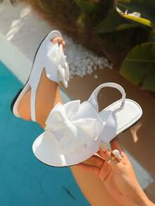 Sandal đế bằng hở mũi thắt nơ xinh xắn, dép đi ngoài trời thoải mái cho kỳ nghỉ. - trắng - Xem 7