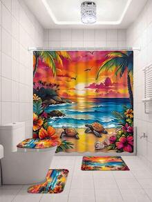 1/4 浴室帘套装,包含芙蓉花、贝壳、海龟、热带植物图案,海洋海岸蓝绿黄粉配色,可机洗夏季浴帘,配有 12 个挂钩、防滑浴室垫和 U 型马桶座套 - A - 查看 20