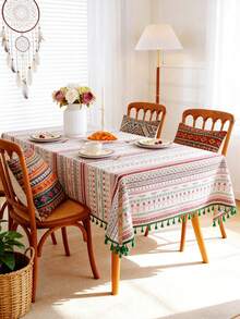 MineLain 1pc Bohemian Spring/Summer Red Geometric Tablecloth, Rectangular Table Runner, Green Tassel Decor, Can Be Used As Picnic Mat, Rectangular Tablecloth, Coffee Table, Bedside Table Cover, Tabletop Decoration, Suitable For Country Farmhouse Home Kitchen Dining Room, Living Room, Gathering, Party, Picnic, Camping, Holiday Wedding Decor, Daily Home Decor, All Seasons Use, Spring/Summer Decor - Multicolor - View 4