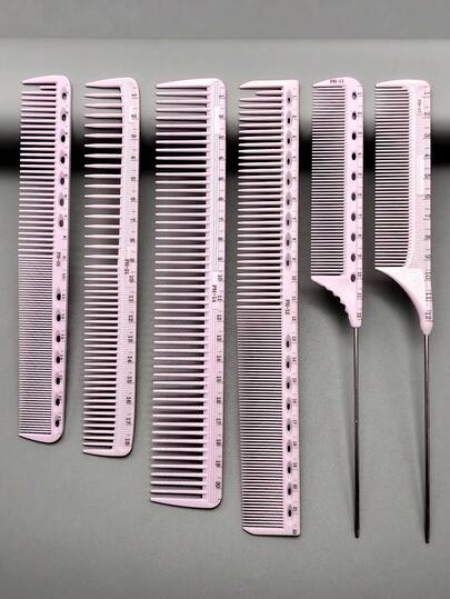 1件/3件/4件/5件/6件装美发梳套装，沙龙造型梳，耐热耐用材质，带刻度尺，马卡龙色，男女通用，长短发皆宜，适用于油性发质的修剪、造型、化妆、婚礼等场合，套装包含长发梳、短发梳、发蜡梳、平头梳、尖尾梳，沙龙级、专业级、家用、旅行必备。