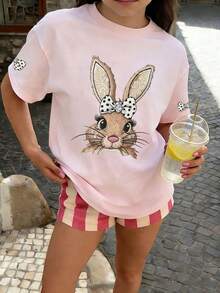 Tween-Mädchen 1 Stück T-Shirt mit Schleife und Hasen-Muster, Kleidung, Sommergeschenk für Kinder - Pink - Übersicht 4