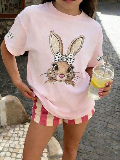 1pc Tween Girl Printed Short Sleeve T-Shirt, Student Youth Clothing, Summer Gift For Kids