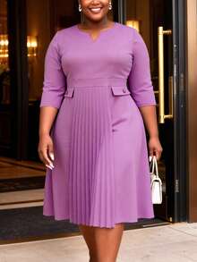 Plus Size V-Neck 3/4 Sleeve Ruched A-Line Spring/Summer Dress, Commuter Style, Cocktail Party Semi-Formal Dress, Suitable For Birthday, Wedding Guest, Graduation Ceremony, Gala, Homecoming - Purple - View 5