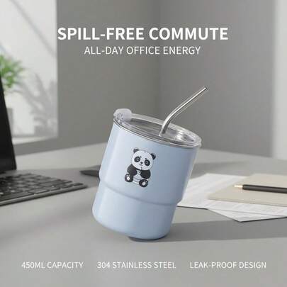 1pc 304 Stainless Steel Straw Coffee Cup, 450ml, Cup Body + Lid + Straw + 1pc Panda Sticker, Insulated High-Quality Cute Panda Design Coffee Mug, Good Sealing