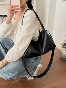 Casual Tote Bag, Fashion Large Square Bag, Pu Leather Shoulder Bag For Women - Black - View 2