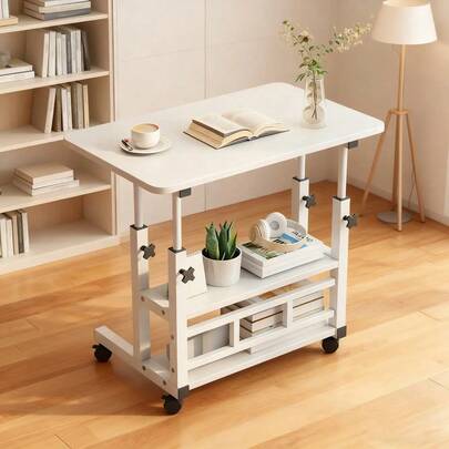 Height-Adjustable Folding Table With Wheels And Storage Shelf Standing Desk Crafting Workstation, Integrated Shelving Mobile Computer Desk With Universal Wheels, For Home Office, Sofa, Small Space