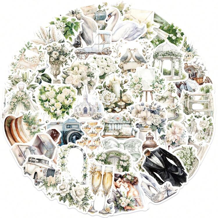 50张白色花朵婚礼涂鸦贴纸，装饰贴纸，适用于水瓶、吉他、行李箱、手机、手机壳、笔记本电脑、滑板等，礼品 - A - 查看 3