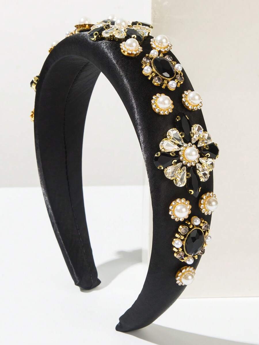 1件韩版时尚清新纯色缎面海绵宽檐高冠女士发箍，饰以奢华优雅的宝石仿珍珠，高品质优雅头饰，百搭明星风发饰，适合夏季、假日、旅行佩戴