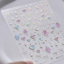 Bộ sticker dán móng tay 5D "Shining Galaxy" - Họa tiết trái tim, mặt trăng và nơ hologram với nhũ lấp lánh Aurora, dạng thạch tự dính, thích hợp cho việc trang trí móng tay DIY. - Nhiều màu - Xem 5
