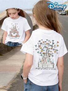 Disney Flower Castle T-Shirt, Flower Castle Mickey Mouse, Mickey Balloon Wrap Line Draft Castle, Fresh And Healing Print Pattern Summer Tops,Short-Sleeved Casual And Cute Style  Children's Clothing Design, Girl Clothes For Kids ,Ropa Para Niños,Girl Clothes For Kids,Graphic Tee, Summer Clothes,Perfect For Cool Girls. Comfortable And Breathable Children's Short-Sleeved T-Shirt. Comfortable And Casual Wear All Year Round 180g Pure Cotton Children's Clothes,Comfortable & Lightweight, Iconic Print For Mix-And-Match Outfits,Suitable For Both Boys And Girls. - White - View 2