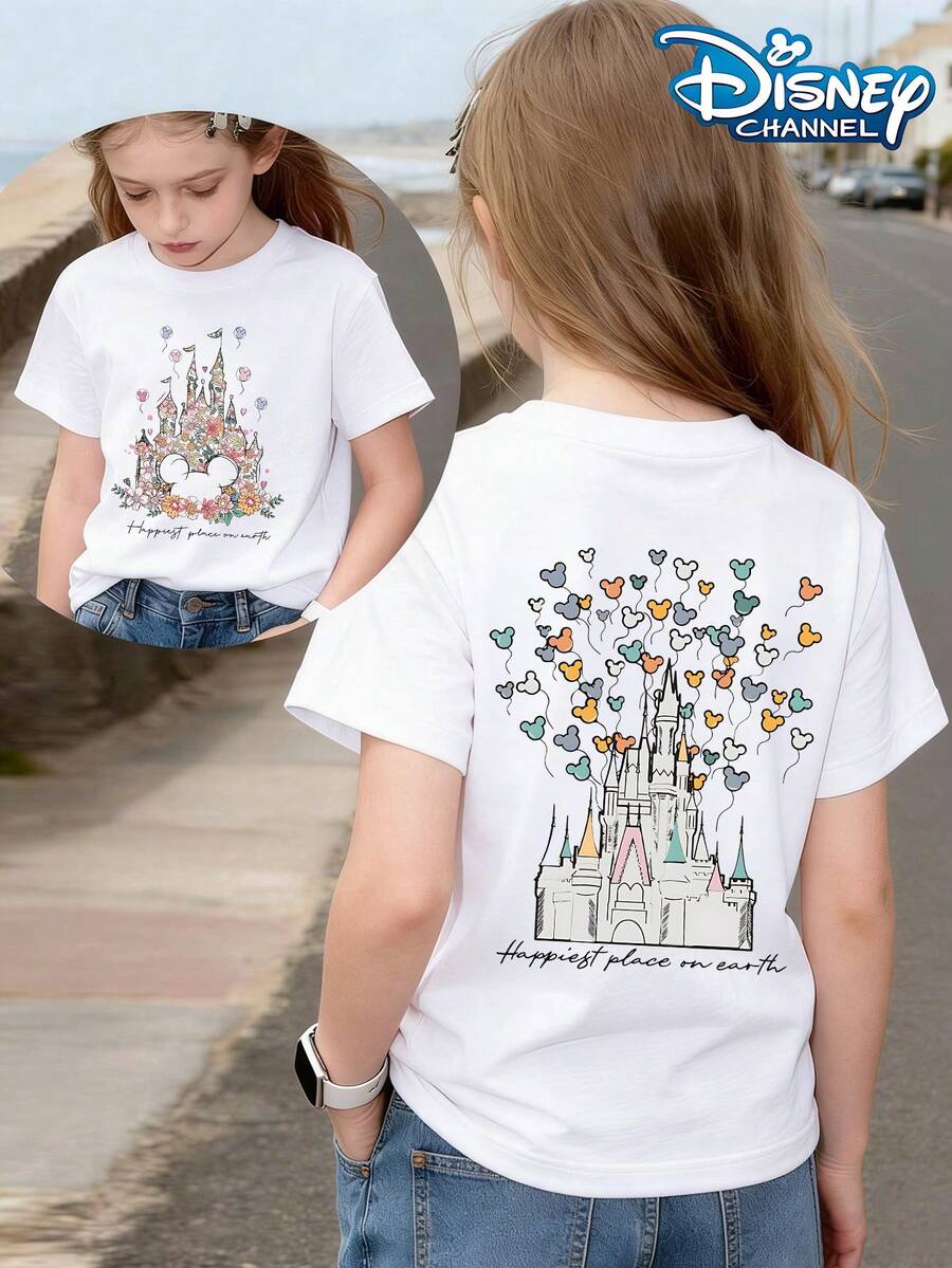 Disney Flower Castle T-Shirt, Flower Castle Mickey Mouse, Mickey Balloon Wrap Line Draft Castle, Fresh And Healing Print Pattern Summer Tops,Short-Sleeved Casual And Cute Style  Children's Clothing Design, Girl Clothes For Kids ,Ropa Para Niños,Girl Clothes For Kids,Graphic Tee, Summer Clothes,Perfect For Cool Girls. Comfortable And Breathable Children's Short-Sleeved T-Shirt. Comfortable And Casual Wear All Year Round 180g Pure Cotton Children's Clothes,Comfortable & Lightweight, Iconic Print For Mix-And-Match Outfits,Suitable For Both Boys And Girls. - 白色 - 查看 1