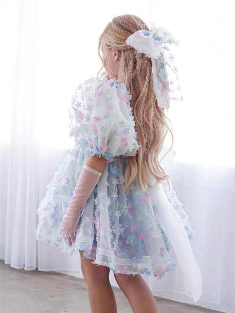 Vestido de fiesta azul con mangas de pétalos florales 3D para niña, vestido de princesa adecuado para niñas, fiesta de cumpleaños, banquete, baile de graduación, vestido de dama de honor, ceremonia de graduación, atuendo de primavera - Celeste - Añade 5