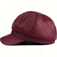 Women's PU Leather Newsboy Cap 8 Panel Paperboy Newsie Cap Bakerboy Beret Cabbie Hat, Fashionable Headwear - 酒紅色 - 查看 6