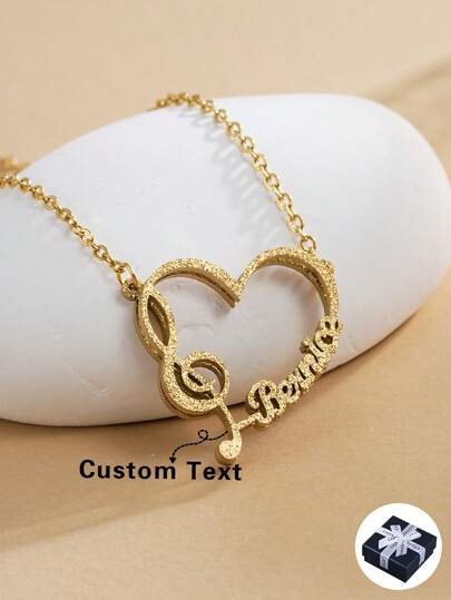 Personalized Minimalist Heart-Shaped Music Symbol Necklace, Unisex Stainless Steel Gold-Color Customized English Letter Pendant, Suitable As Gift For Valentine's Day, Christmas, Halloween, Anniversary, Family, Friends, Mother