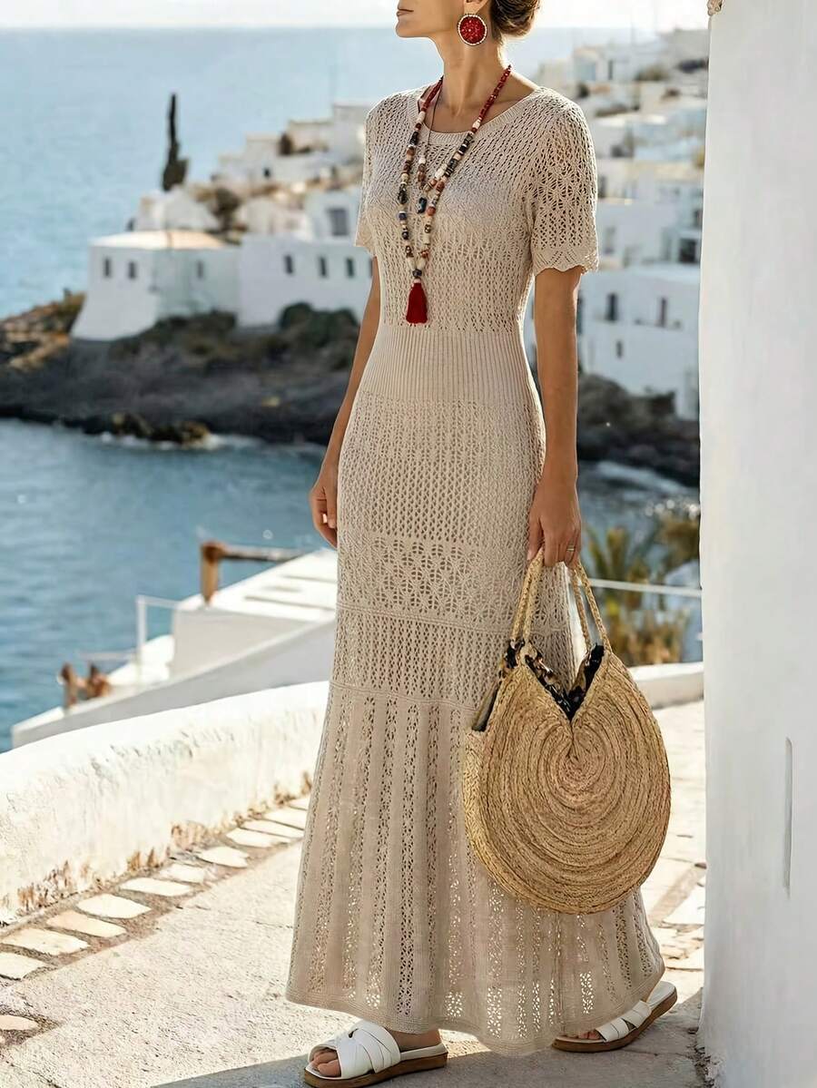 Spring And Summer Women's Elegant Dresses, Casual Knitted Short Sleeved Skirts, Hollowed Out Vacation Beach Dresses Suitable For Evening Beach Wear - 卡其色 - 查看 1