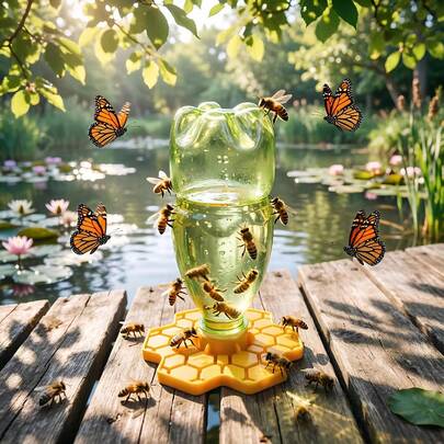 Máng cho ăn ong mật kiểu tổ ong, thiết kế dạng lọ thủy tinh Mason Jar mô phỏng môi trường sống, thích hợp cho vườn nhà kính, trồng trọt và nuôi ong, máng nước cho bướm và côn trùng, chất liệu nhựa, dễ vệ sinh - Máng cho ăn ong tự động, và trạm uống nước được thiết kế cho chai nhựa, dùng làm điểm tưới nước cho ong và bướm. Máng ăn ngoài trời này phù hợp đặt ở lối vào tổ ong và có thể chứa siro hoặc nước.