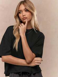 Oversized Heavy T-Shirt Modern Streetwear Essential Boxy Cut Casual Summer Basic Loopback Top Ultra Soft Minimalist Urban Fashion Staple-Unisex Summer Casual Vintage Cotton Printed T-Shirts For Couples - 黑色 - 查看 4