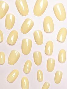 24pcs/Set Short Oval Soft Yellow Solid Color Minimalist Style Press-On Nails, Includes Gel Polish And Nail File, Suitable For Girls/Women For Daily Wear, Office, Afternoon Tea, Party - Yellow - View 2