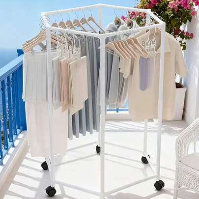 Premium 360° Rotating Double-Layer Hexagonal Bathroom Shelf, Balcony Drying Rack, Movable Floor-Standing Clothes Drying Rack, Minimalist Multi-Layer Living Room Hanging Clothes Rack, Hexagonal Multi-Function Balcony Home Movable Floor-Standing Drying Rack