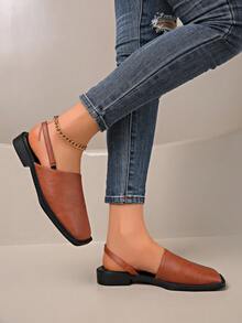 女士弹力套脚方头凉鞋 - 夏季闭趾平底鞋，闪亮面料鞋面，舒适橡胶鞋底，踝带支撑 - 适合休闲和正式场合，时尚耐穿 - 棕色 - 查看 7