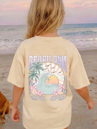Girls' Casual Minimalist T-Shirt, Beach & Seaside Pattern, Vacation Casual Style, Children's Clothing, Girls' Pullover, Round Neck Short Sleeve, Spring/Summer New Short Sleeve Top