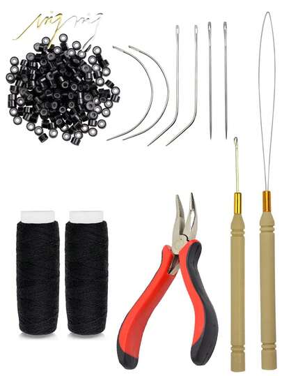 Hair Extension Tool Kit: 200pcs Silicone-Lined Micro Link Beads, 1 Three-Hole Hair Clip, 1 Roll Sewing Thread, 1 Threader, 1 Pull Hook, 8 Sewing Needles (Black/Beige) Hair Styling Tools
