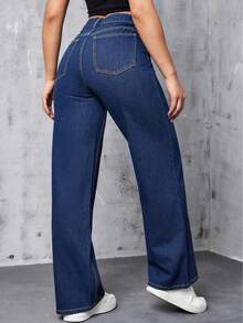 Fashionable Elegant Pocket Button Solid Color Pants, Suitable For Casual Daily Wear For Teen Girlin Spring, Summer, Autumn And Winter - Dark Wash - View 7