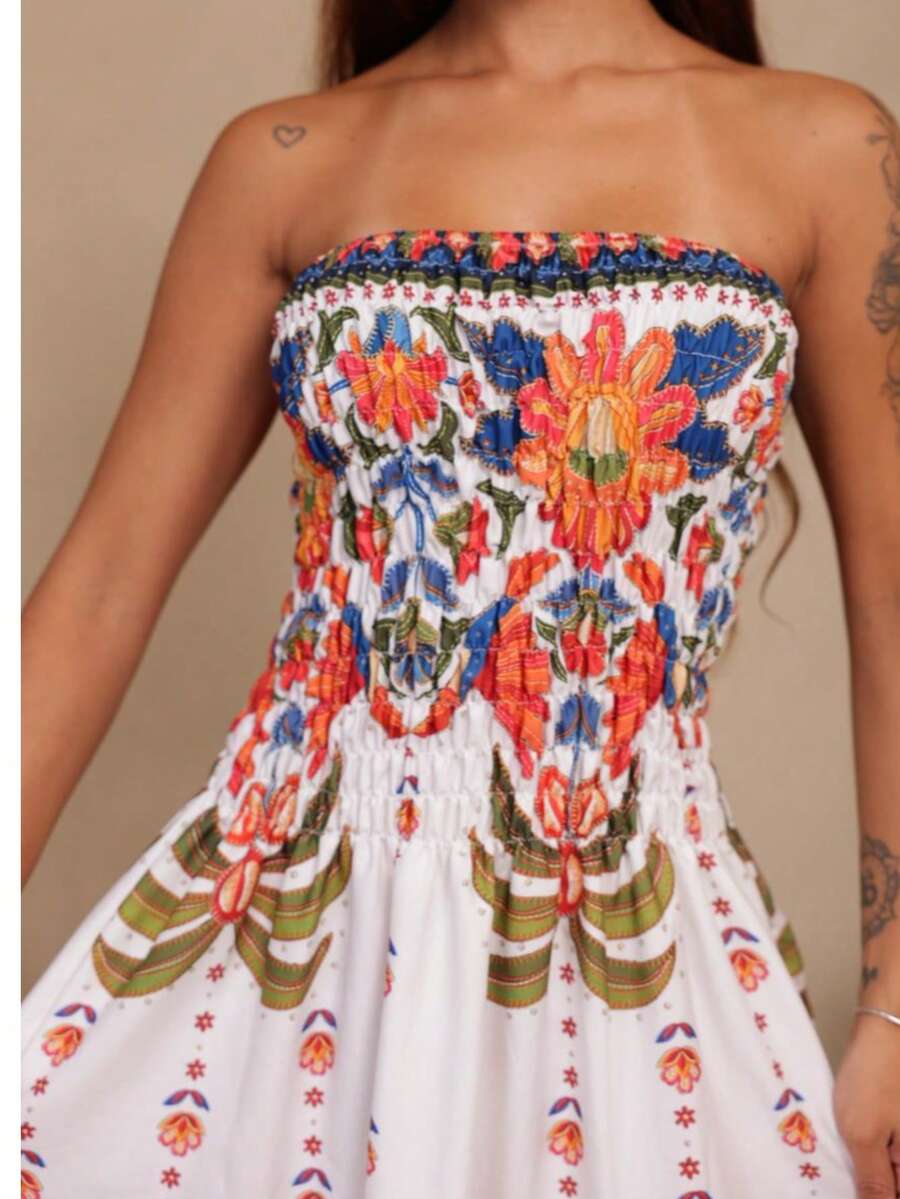 Vestido Longo PALMEIRAS Tomara que Caia Estampa Floral com Babado