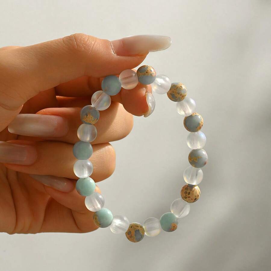 时尚简约波西米亚风百搭渐变色宝石手链，天然寿山石纹理幸运手链，8毫米，完美礼物 - 多色 - 查看 1