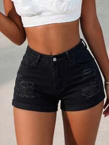Women's Sexy Distressed Stretch Fitted Straight Leg Denim Shorts, Summer - Black - View 4