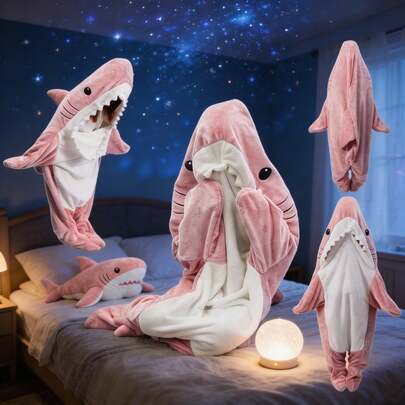 Shark Wearable Blanket For Adults With Sleeves & Foot Pockets, Soft Plush Hooded Blanket Robe, Oversized Shark Costume Blanket For Teens & Adults Up To 180cm, Warm Flannel Fleece Hoodie Blanket For Couch, Sleeping, Gaming, Gifts For Shark Lovers