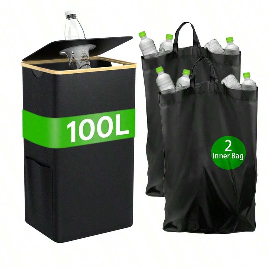 100L Bamboo Frame Deposit Bottle Recycling Bin | Foldable Large Trash Can Laundry Basket For Bottles Cans Storage, Home Kitchen Bathroom - Multicolor - View 1