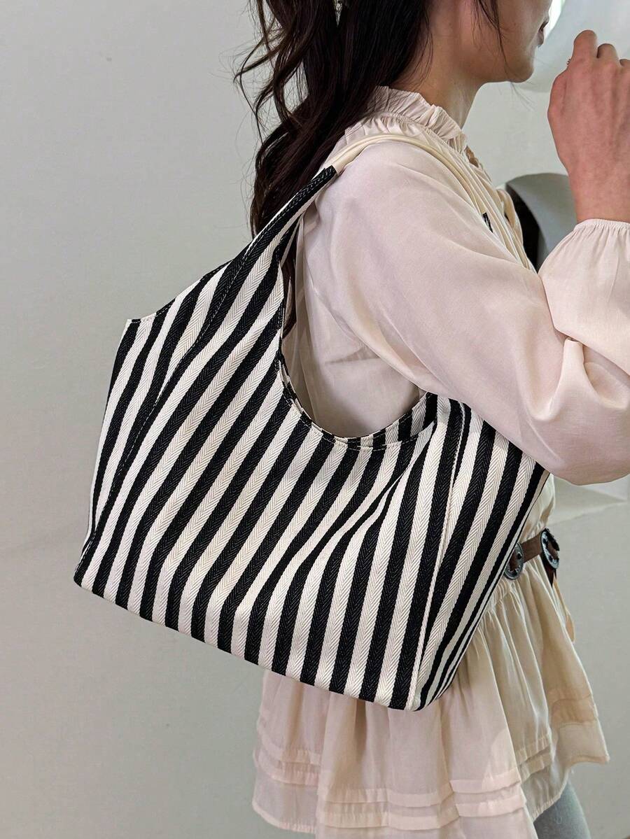 1 Piece Black & White Striped Canvas Large Capacity Open Top Casual Hobo Bag For Women & Daily Commute