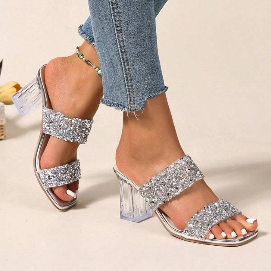 Geeyea Women's High-Heeled Sandals, Elegant Style With Sequined Upper, Open Toe And Chunky Heel, Lightweight Slip-On, Suitable For Beach Vacations, Dates, Parties. - 銀色 - 查看 1