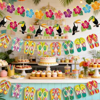 Trang trí tiệc theo chủ đề Hawaii: Dây cờ trang trí hình chim hồng hạc mùa hè, vòng hoa Aloha, biểu ngữ "Sofa-Ri" chủ đề rừng nhiệt đới, đồ trang trí treo tiệc, phông nền Hawaii, đồ trang trí phông nền tiệc.