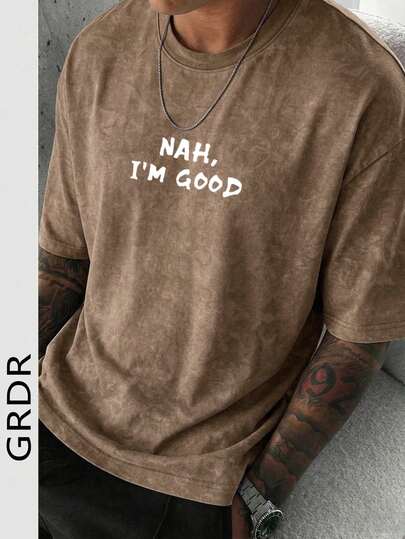  GRDR Men's Summer Letter Print Casual Round Neck Short Sleeve Washed T-Shirt, Comfortable & Fashionable