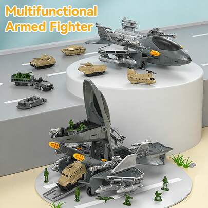 3-6 Years Old Boys Military Toy Set - Includes 1 Fighter Jet, 8 Military Vehicles, 10 Soldier Action Figures, Tank And Airplane Combat Toy Set, Children Gift