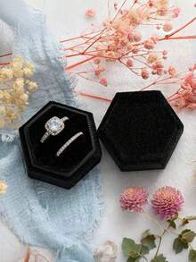 1Pc Velvet Hexagonal Double-Layer Ring Box Portable Jewelry Gift Case For Proposal Engagement Wedding Anniversary Keepsake Storage - Multicolor - View 9