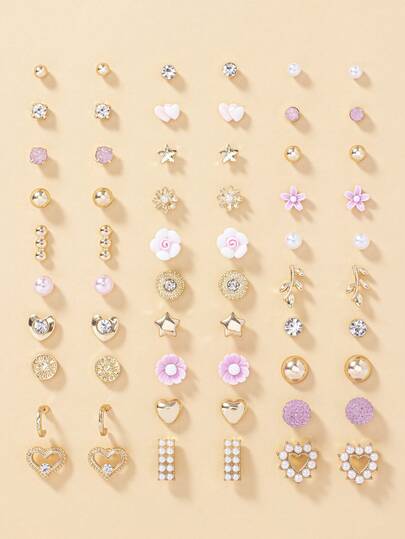 30 Pairs Cute Flower & Heart Shaped Rhinestone Faux Pearl Metal Earrings Set, Elegant Earring Studs Combo For Women, Party, Travel, Holiday, Gift For Friends