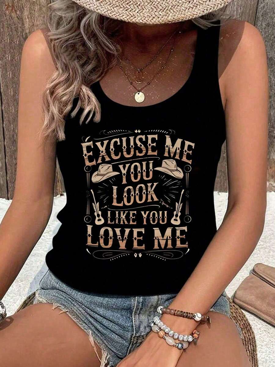 Plus Size Women Vintage Western Pattern Graphic Vest, Casual Round Neck Tank Top Black Summer - Black - View 1