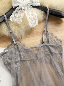 2pcs Sexy Sheer Mesh Camisole Nightgown Lingerie Set For Women - Grey - View 3