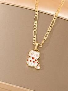 Colar com pingente de gato em esmalte banhado a ouro 14K, resistente à oxidação e ao desbotamento. Acabamento clássico em esmalte, textura fina, design adorável de gato, primorosamente trabalhado e confortável de usar. Ideal como presente para filhas, amigas e adolescentes, um presente perfeito com valor decorativo e divertido. - Ouro amarelo - Ver 1