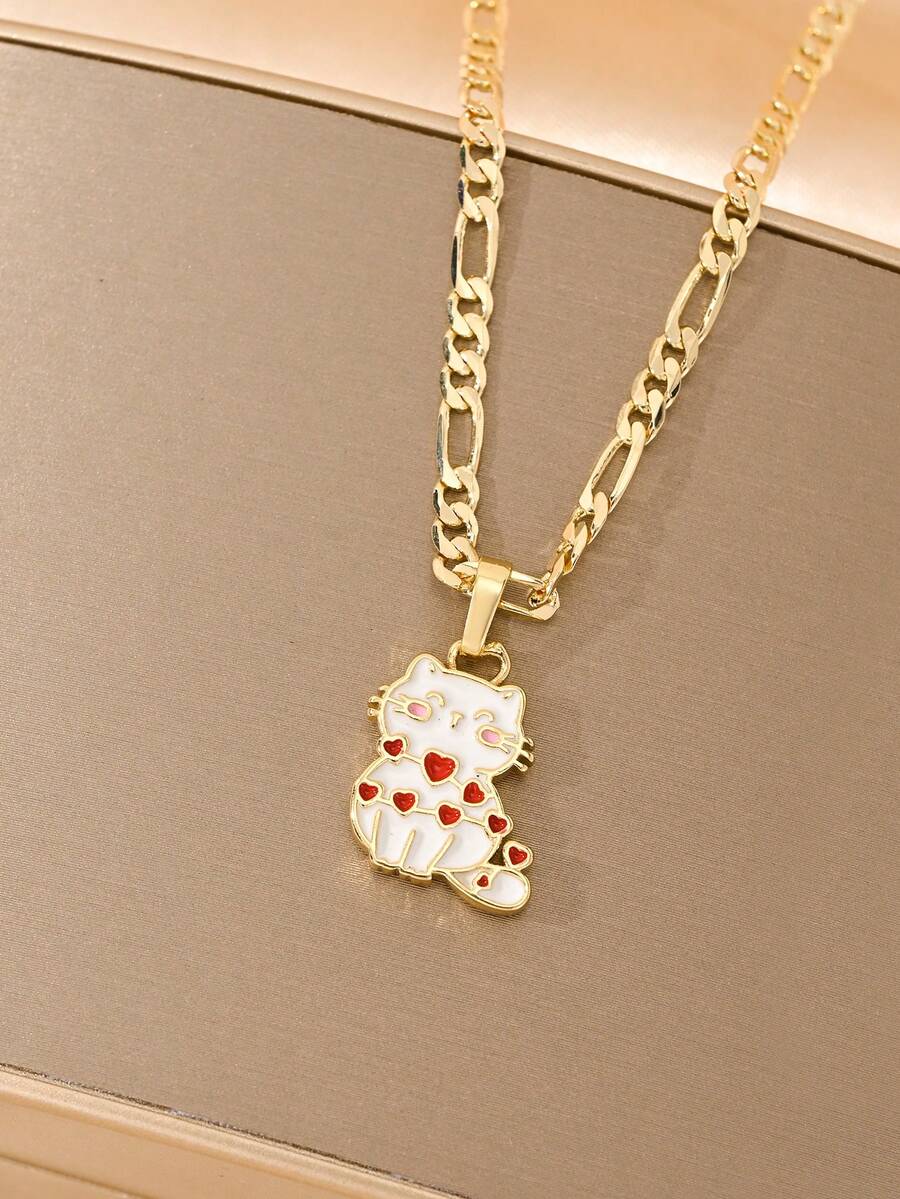 Colar com pingente de gato em esmalte banhado a ouro 14K, resistente à oxidação e ao desbotamento. Acabamento clássico em esmalte, textura fina, design adorável de gato, primorosamente trabalhado e confortável de usar. Ideal como presente para filhas, amigas e adolescentes, um presente perfeito com valor decorativo e divertido. - Ouro amarelo - Ver 1