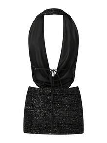 Women Sequin 2 Piece Outfit Sparkly Bodycon Sleeveless Halter Crop Top Split Mini Skirt Set Going Out Club Suit - 黑色 - 查看 4